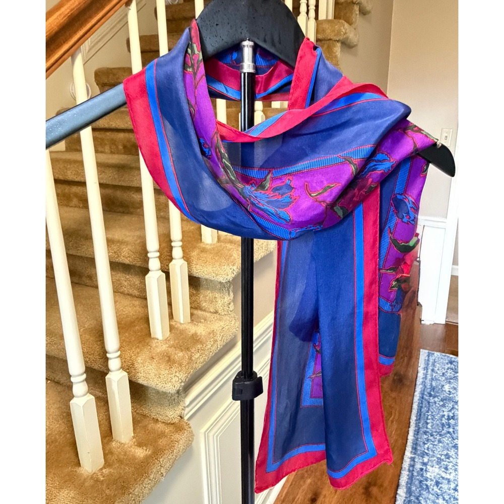 Elaine Gold Vintage Floral Oblong Scarf Blue Magenta Purple Silk Feel Rectangle